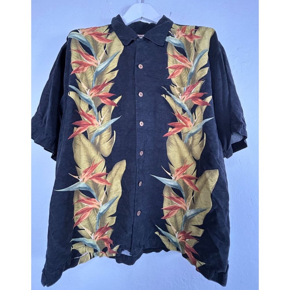 Tommy Bahama Mens Silk Hawaiian Shirt XL Black Bird Of Paradise Button-Up Pocket